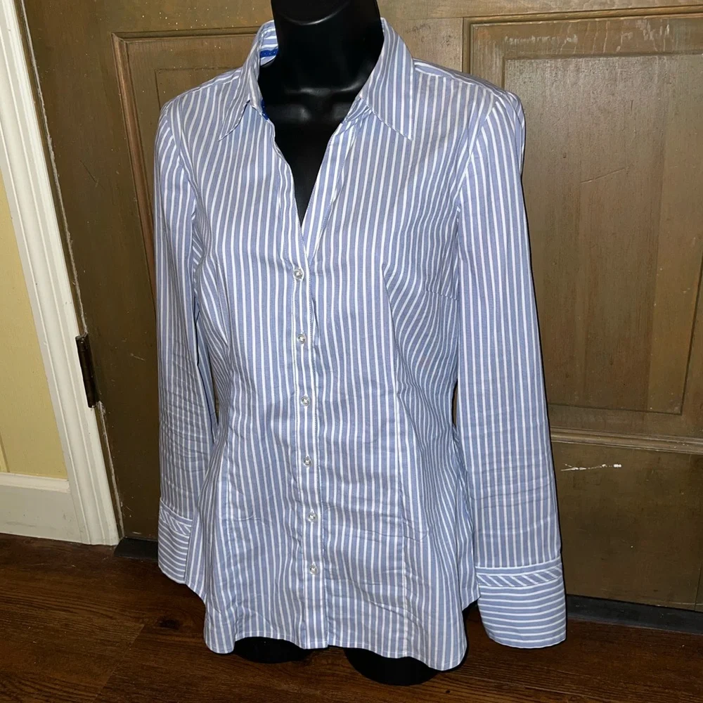 Express Blue & White Striped Button Up Stretch Long Sleeve Shirt Size M - Picture 3 of 10